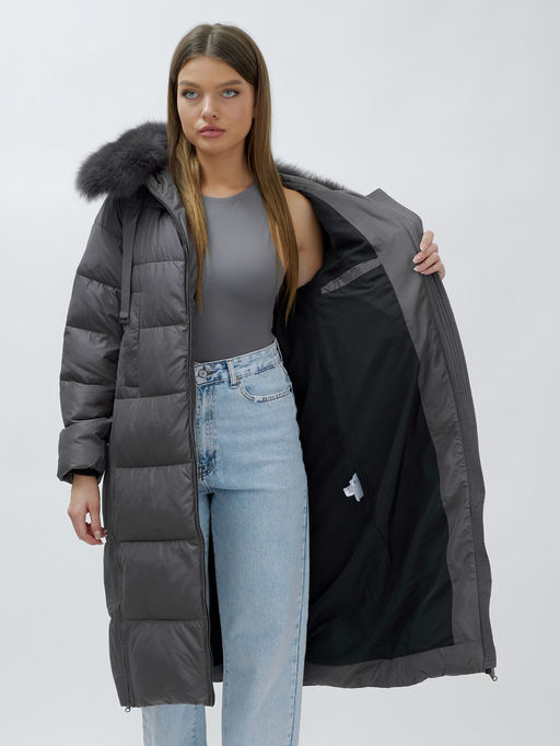 с натуральным мехом песца класса Люкс Бренд Visdeer Пальто зимние темно-серого цвета  фото 15