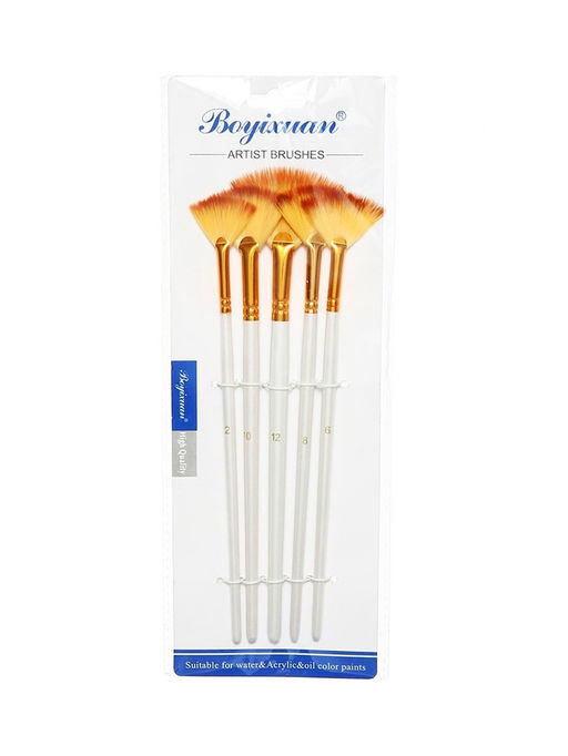 Набор кистей для рисования, синтетика, 5 штук: № 1/8, 3/8, 5/8, 1/2, 1/4, плоские, веерные, деревянная ручка, международный размер