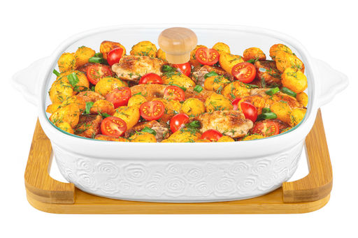 Блюдо д/зап и серв 31,5*25,6*12,5 см 2 л "Розы" + стекл крышка на дер подставке