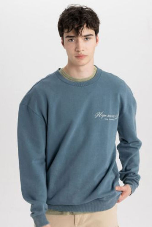Comfort Regular Fit Rahat Kal?p Bisiklet Yaka S?rt Bask?l? Sweatshirt