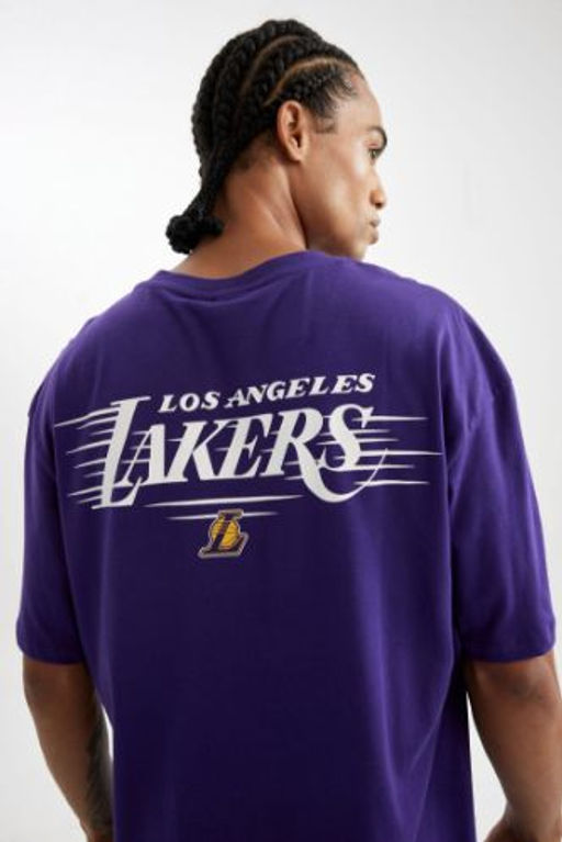 DeFactoFit NBA Los Angeles Lakers Oversize Genis Kal?p Bisiklet Yaka S?rt Bask?l? Pamuklu K?sa Kollu Tisort