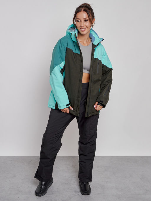 Горнолыжная куртка женская зимняя большого размера бирюзового цвета 3963Br