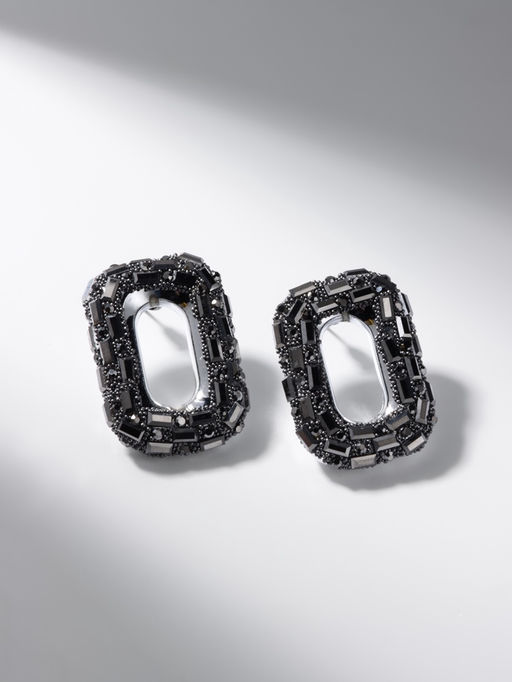 Серьги со стразами QF Блеск мягкий прямоугольник, серые в серебре