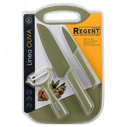Набор ножей "Linea Oliva" 4 предмета, ножи из нержавеющей стали с двухсторонней заточкой, ножницы и овощечистка с керамическим лезвием, ручки с покрытием soft-touch, пластиковая доска 32,5х21,5см, оливковый, в блистере, "Regent" (Китай)