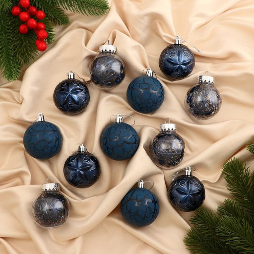 Ёлочные игрушки Зимняя музыка, шары новогодние, набор d=6 см, 12 шт., узор, синий - Зимнее волшебство фото 3