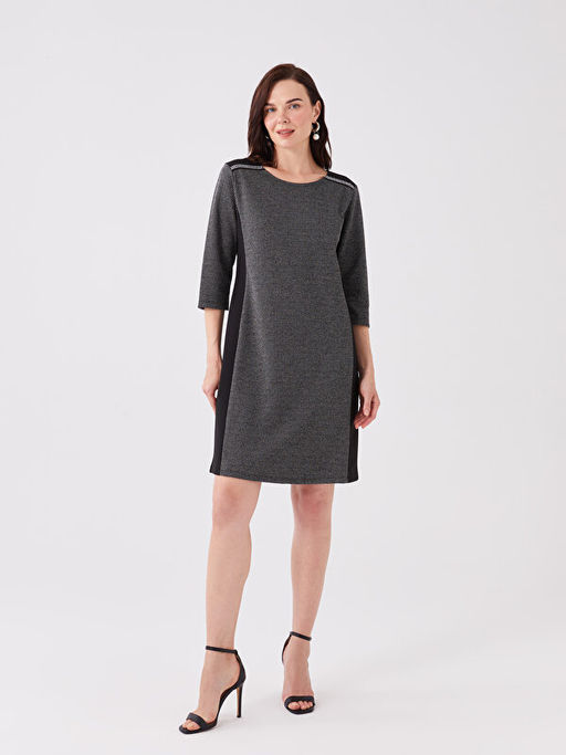 Bisiklet Yaka Kendinden Desenli Elbise