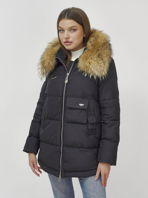Куртка Бренд Visdeer ПРЕМИУМ КЛАССА зимняя с мехом ЕНОТА, черного цвета