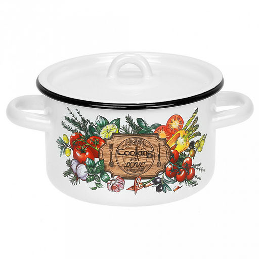 "Смак" Кастрюля эмалированная 1,5л, д15см, h9см, цилиндрическая форма, металлическая крышка, белый (Россия)