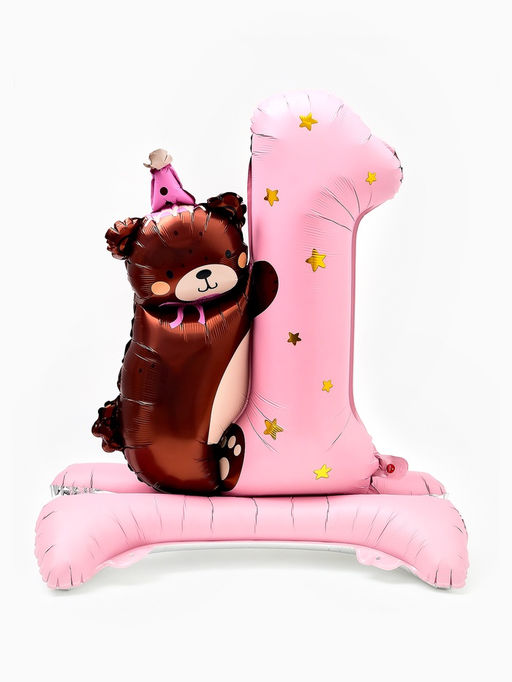 Цена за 2 шт. Воздушный шар фольгированный 32" "Цифра 1 с мишкой"  цвет розовый, под воздух