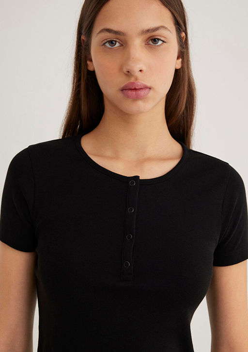 Dugmeli Siyah Basic Tisort - Mavi фото 6