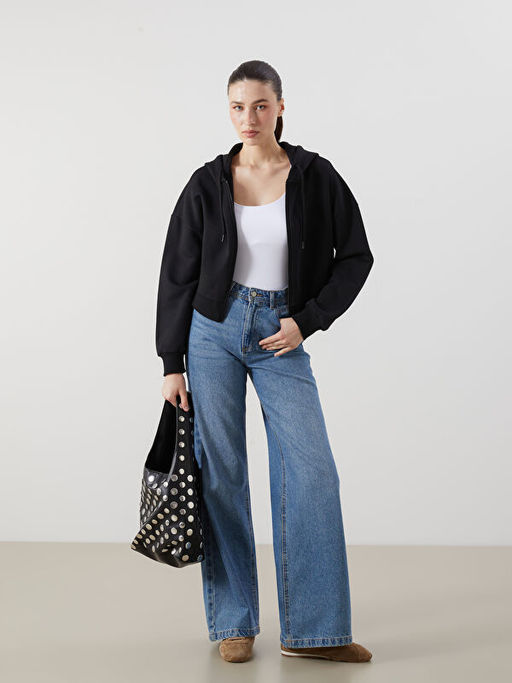 Kap??onlu Oversize Kad?n Kal?n Fermuarl? Sweatshirt