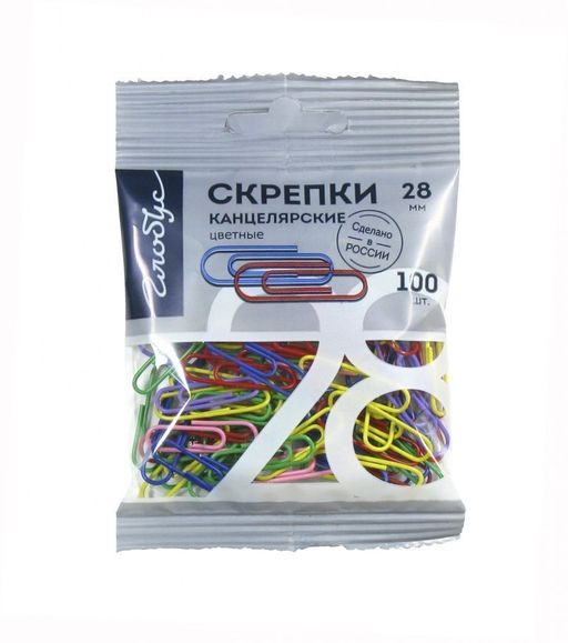 Скрепки ГЛОБУС 28 мм 100 шт., классические с цветным полимерным покрытием, в пакете с евро...