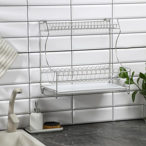 Сушилка для посуды с поддоном 2-х ярусная, настольно-настенная, 39.5×25×38 см, хром