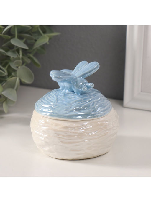 Шкатулка для украшений «Пчёлка на улье», керамика, голубой перламутр, 8.5×8.5×8 см