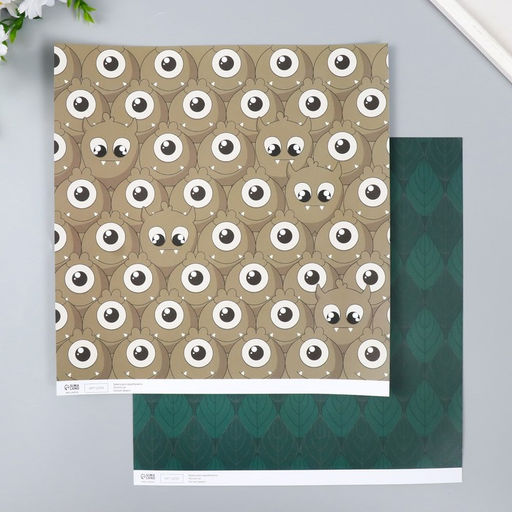 Цена за 5 шт. Бумага для скрапбукинга двусторонняя «Монстрики и листья», плотность 180 г, 30.5×32 см