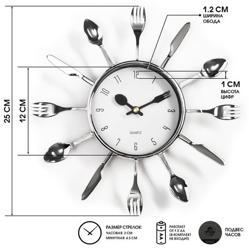 Часы настенные интерьерные «Вилки, ложки, поварешки», для кухни, бесшумные, плавный ход, 25×25 см, циферблат d=11 см