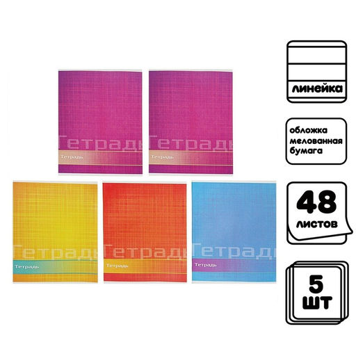 Комплект тетрадей из 5 штук (4 разные + 1 повторяющаяся), 48 листов в линию Calligrata «Цвет и графика», обложка мелованная бумага, блок №2, белизна 75% (серые листы)