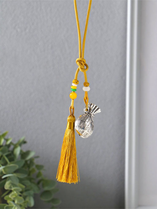 Подвеска металл, текстиль "Мешок с кисточкой" золотистый с серебром 2х4,5х14 см