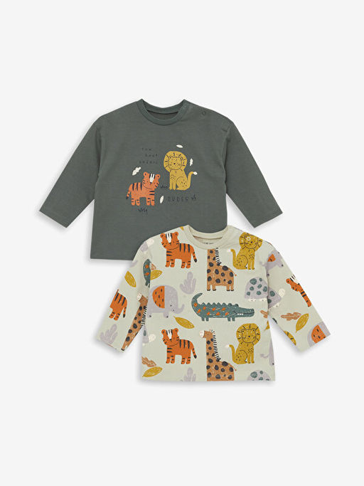 Bisiklet Yaka Uzun Kollu Bask?l? Erkek Bebek Sweatshirt 2li