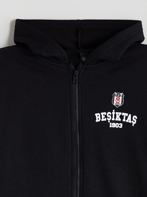 Kap??onlu Be?ikta? Bask?l? Erkek ?ocuk Fermuarl? Sweatshirt
