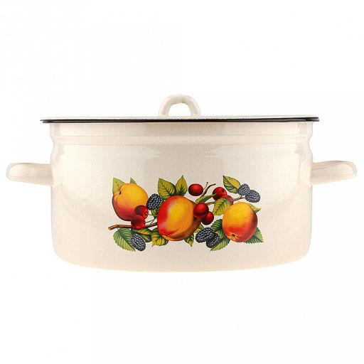 Яблоки Кастрюля эмалированная 5,5л, форма цилиндрическая, металлическая крышка, металлические ручки, жемчужный (Россия) - Домашняя мода фото 2