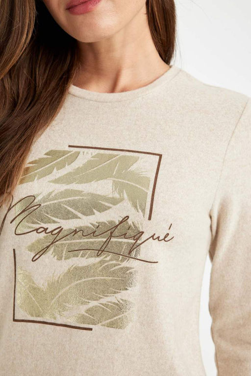 Женская футболка свободного кроя с круглым вырезом и ярким принтом с длинными рукавами - Defacto фото 5