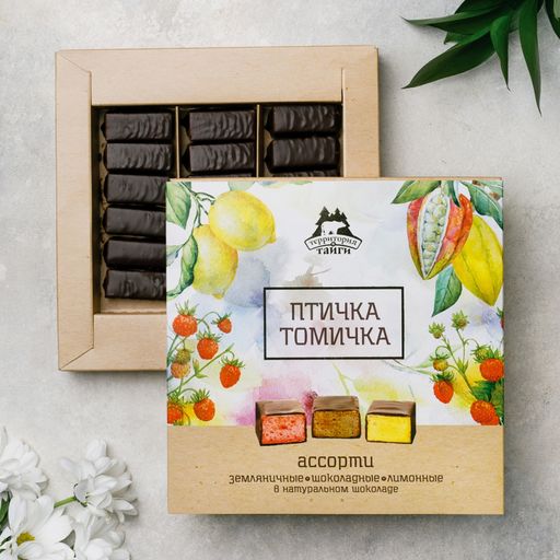 Конфеты Птичка томичка ассорти (земляничная, шоколадная, лимонная) 210 г - Территория тайги фото 2