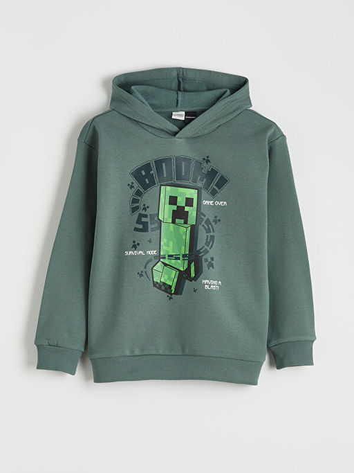 Kap??onlu Minecraft Bask?l? Erkek ?ocuk Kal?n Sweatshirt