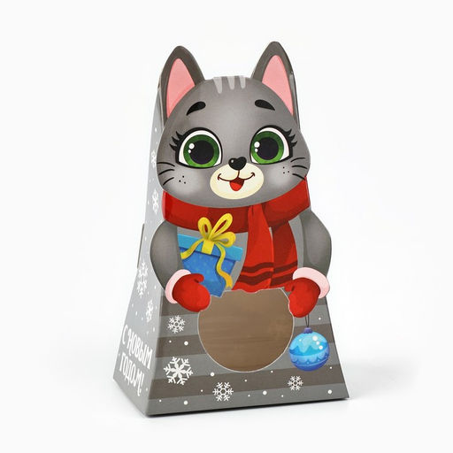 Цена за 5 шт. Коробка новогодняя складная с окном Котик, 9?15.5?6 см