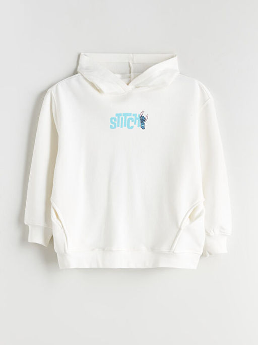 Kap??onlu Stitch Bask?l? K?z ?ocuk Sweatshirt
