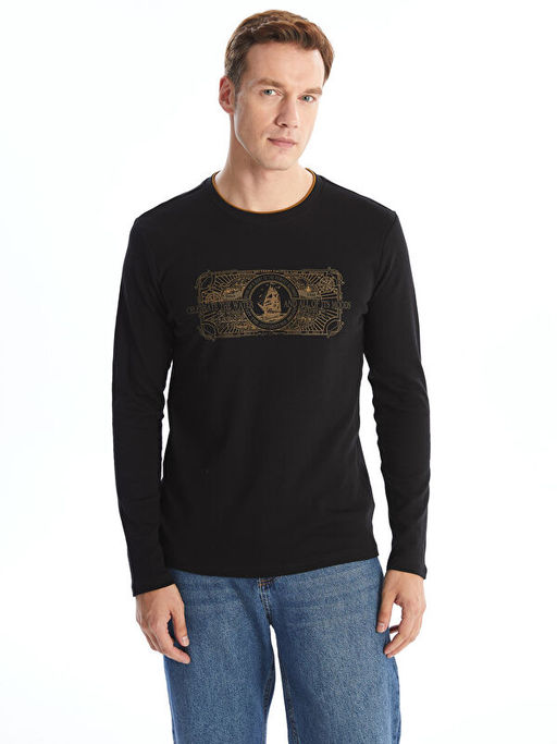 Bisiklet Yaka Uzun Kollu Bask?l? Erkek Sweatshirt