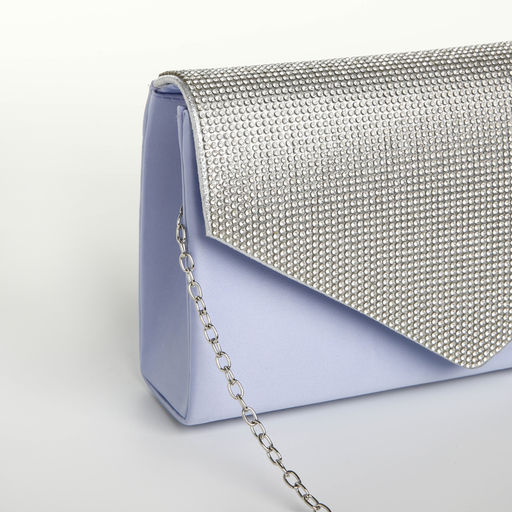 Сумка-клатч женская вечерняя на магните, на длинной цепочке, комбинированная, голубая/серебристая