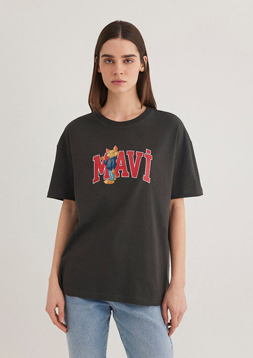 Kedi Logo Bask?l? Antrasit Tisort - Mavi фото 3