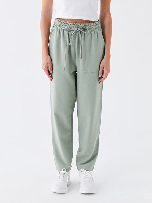 Beli Lastikli D?z Keten Kar???ml? Kad?n Pantolon