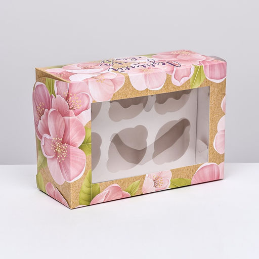 Коробка для 6 капкейков с окном «С 8 марта», 25×17×10 см