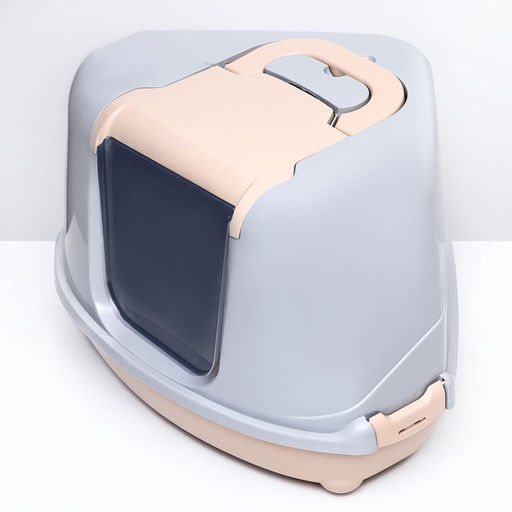 Туалет-домик угловой для кошек закрытый с дверцей 57×46×37 см, бежево-серый