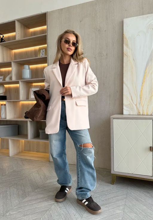 K13519 Пиджак OVER SIZE с поясом СВ_БЕЖЕВЫЙ