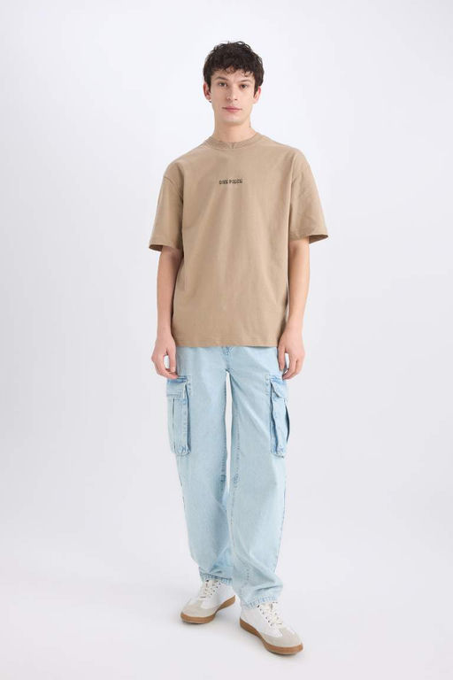 One Piece Boxy Fit Bisiklet Yaka S?rt Bask?l? K?sa Kollu Tisort - Defacto фото 3