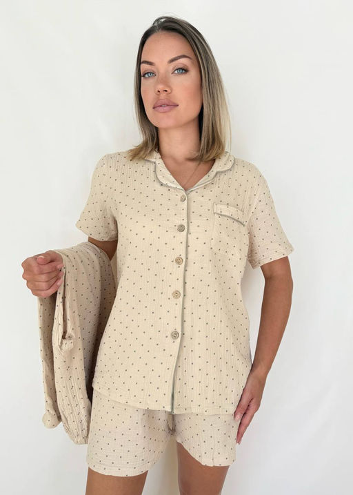 K12949 Костюм домашний: рубашка, шорты, брюки (муслин) БЕЖЕВЫЙ