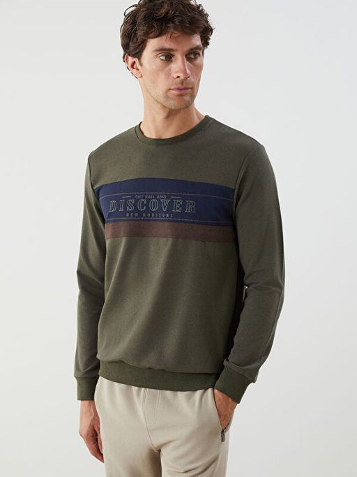 Bisiklet Yaka Uzun Kollu Bask?l? Erkek Sweatshirt