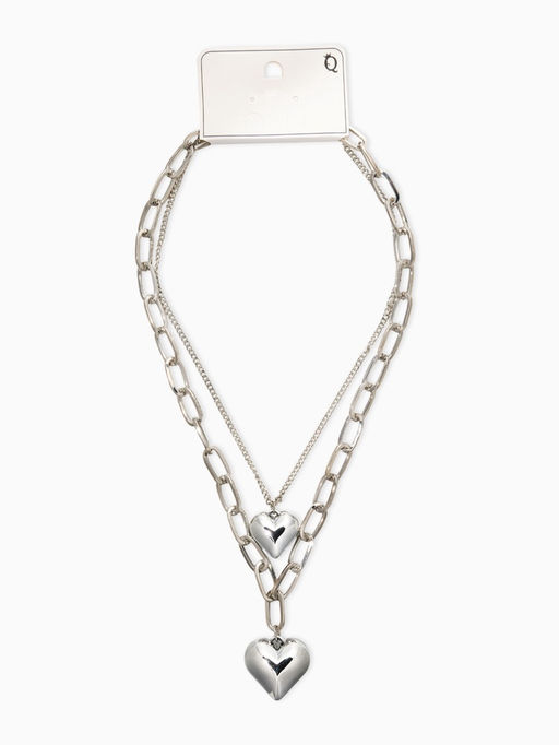Кулон на цепочке крупное вытянутое звено 2 яруса "Сердечки", цвет серебро