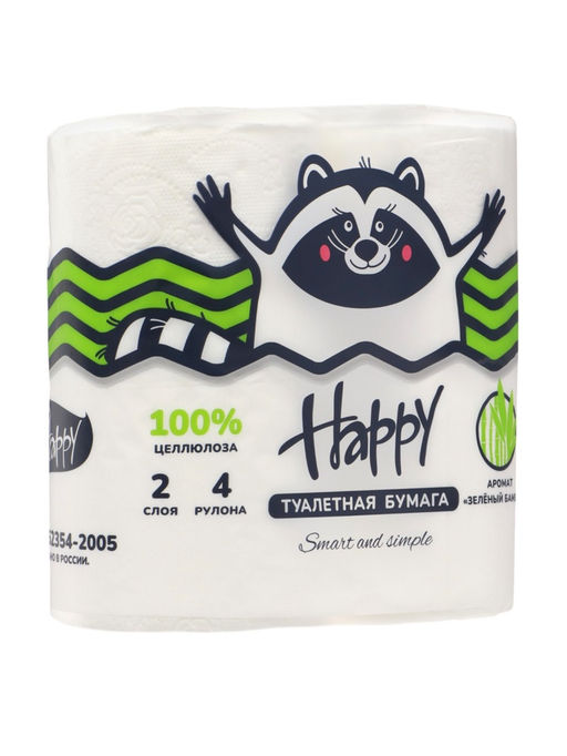 Цена за 2 шт. Туалетная бумага HAPPY со втулкой, аромат бамбук, 2 слоя, 4 рулона