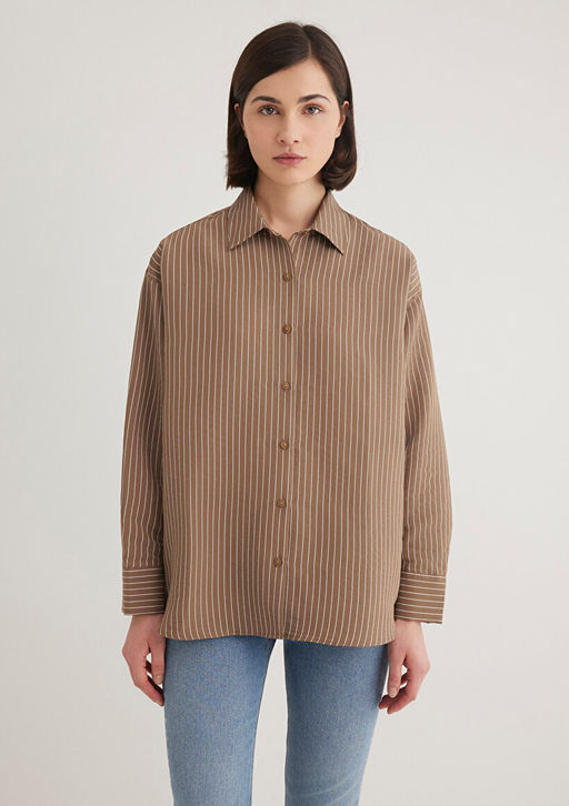 Lux Touch TENCEL TM Cizgili Kahverengi Modal Gomlek - Mavi фото 4