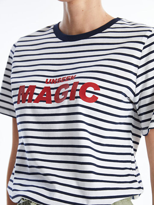 Bisiklet Yaka ?izgili K?sa Kollu Kad?n Ti??rt