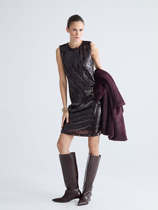 Bisiklet Yaka Pul Payetli Mini Elbise