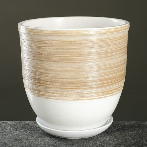 Горшок для цветов Степь, керамический, с поддоном, 5 л, белый с бежевой полосой