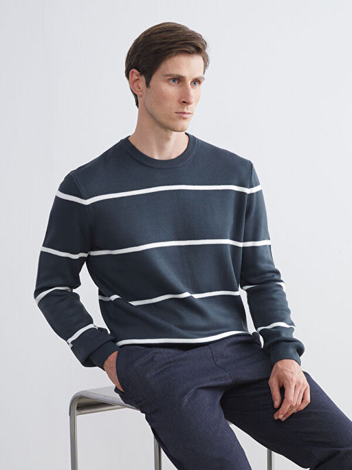 Bisiklet Yaka Uzun Kollu ?izgili Erkek Triko Kazak