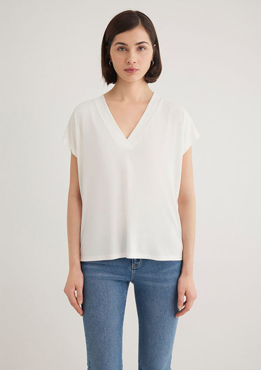 Lux Touch TENCEL TM V Yaka Beyaz Tisort - Mavi фото 5