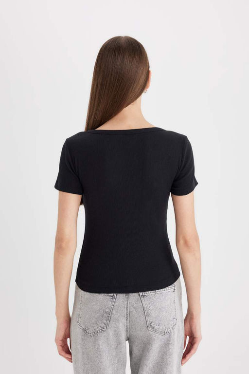 Облегающая футболка с круглым вырезом в рубчик и короткими рукавами - Defacto фото 6