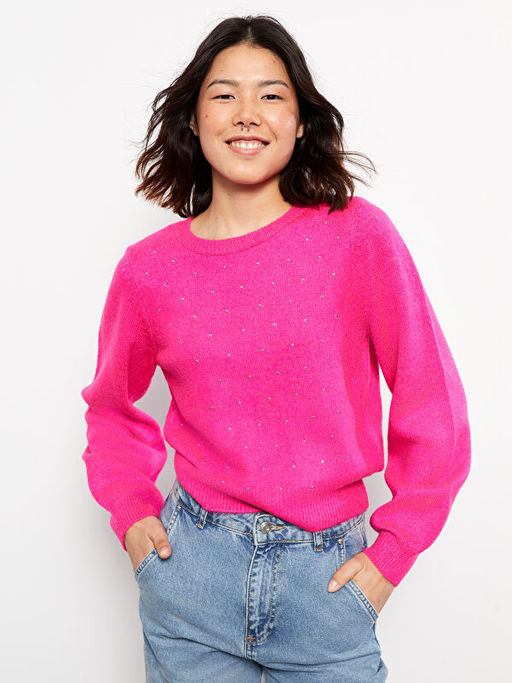 Bisiklet Yaka Pul Bask?l? Uzun Kollu Kad?n Triko Kazak